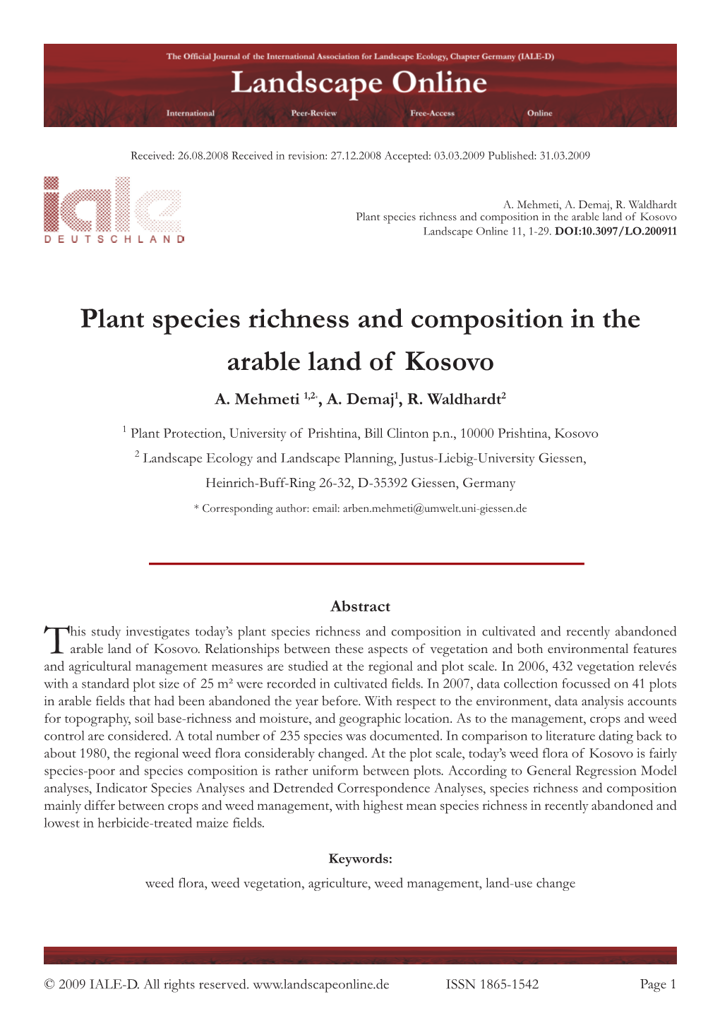 Plant Species Richness and Composition in the Arable Land of Kosovo Landscape Online 11, 1-29