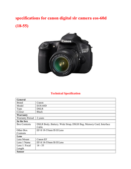 Specifications for Canon Digital Slr Camera Eos-60D (18-55)