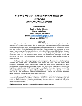 Unsung Women Heroes in Indian Freedom Struggle: an Acknowledgement