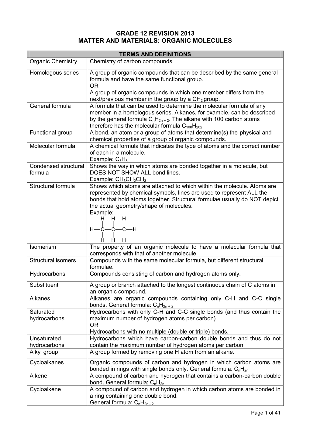 Organic Chemistry Grade 12 Revision