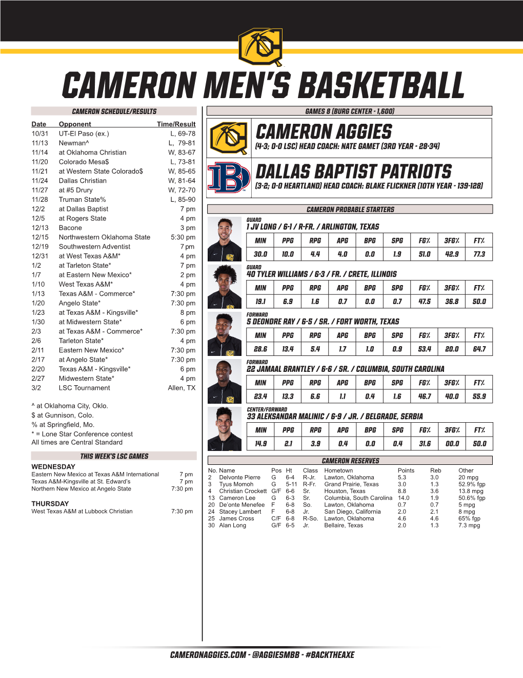 Cameron Men's Basketballtm Cameron Combined Team Statistics (As of Nov 28, 2015) 2015-16 Overallall Games Stats