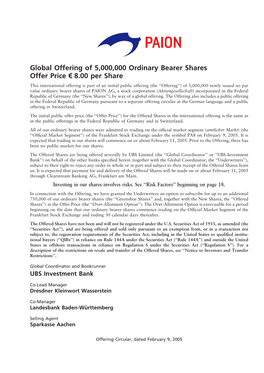 Global Offering of 5,000,000 Ordinary Bearer Shares Offer Price 1 8.00