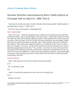 Gunther Schuller Interviewed by Ellen Taaffe Zwilich at Carnegie Hall on April 21, 1998
