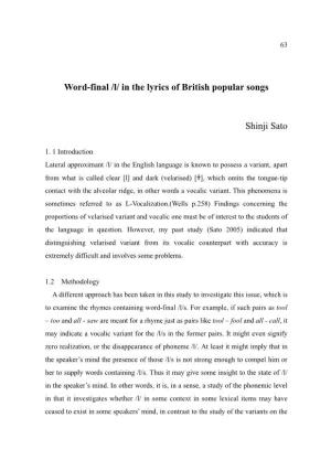 Word-Final /L/ in the Lyrics of British Popular Songs Shinji Sato