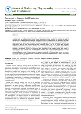 Fermentative Itaconic Acid Production Amina Ahmed El-Imam1,2 and Chenyu Du1* 1School of Biosciences, University of Nottingham, Sutton Bonington Campus, U.K