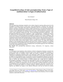 Geopolitical Ecology of Solar Geoengineering: from a 'Logic of Multilateralism' to Logics of Militarization