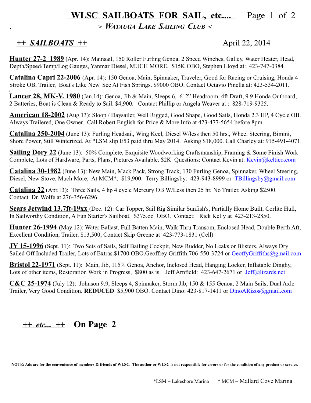 WLSC SAILBOATS for SAIL, Etc...Page 1 Of