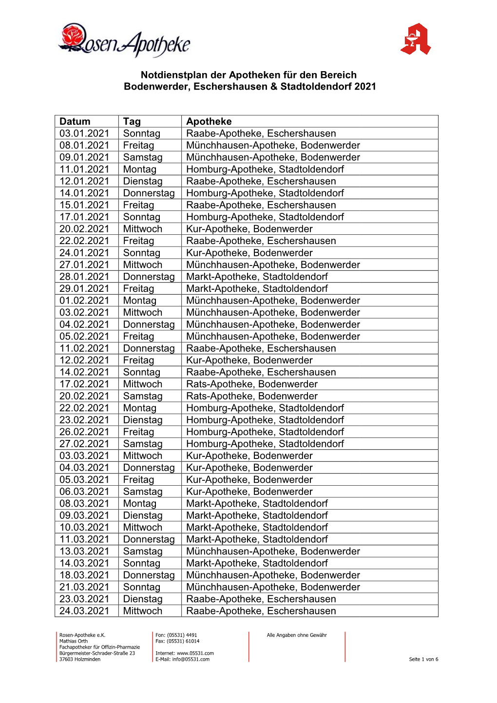 2021 Notdienstplanung Fu¨R Bodenwerder