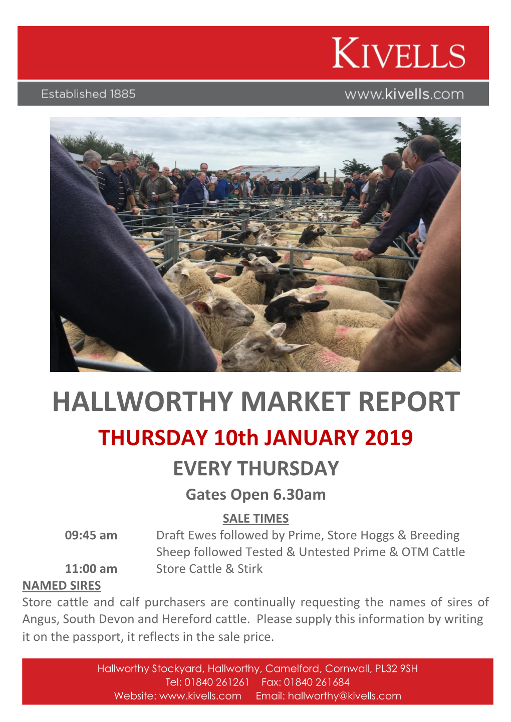 HALLWORTHY MARKET REPORT THURSDAY 10Th JANUARY 2019 EVERY THURSDAY Gates Open 6.30Am