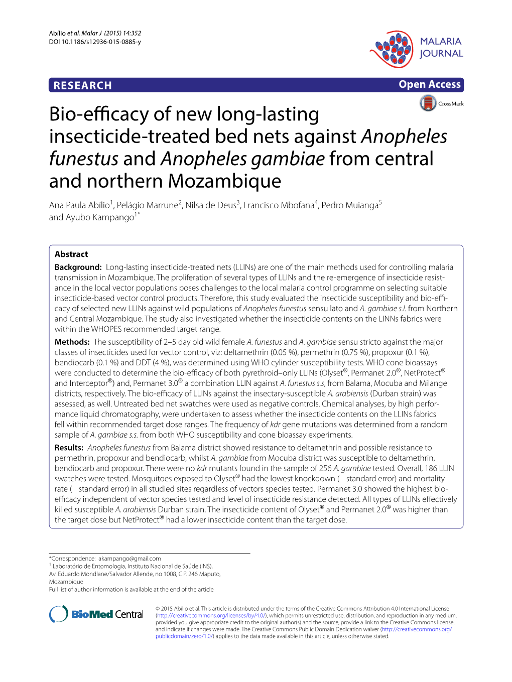 Bio-Efficacy of New Long-Lasting Insecticide-Treated Bed Nets Against Anopheles Funestus and Anopheles Gambiae from Central