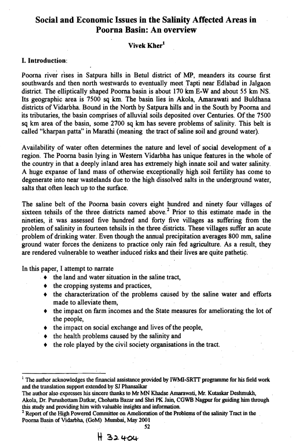 Social and Economic Issues in the Salinity Aff~Ted Areas in Poorna Basin: an Overview