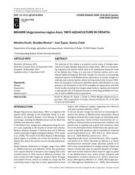 MEAGRE (Argyrosomus Regius Asso, 1801) AQUACULTURE in CROATIA