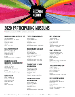 2020 PARTICIPATING MUSEUMS *Indicates a Museum with Free Admission Year–Round