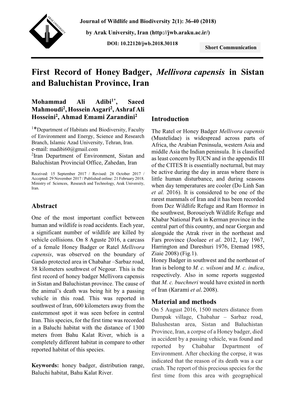 First Record of Honey Badger, Mellivora Capensis in Sistan and Baluchistan Province, Iran