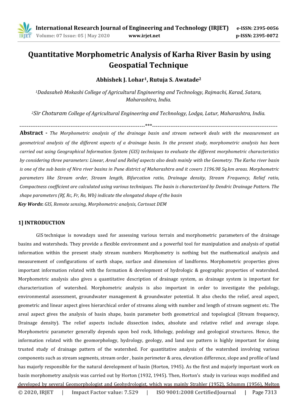 Quantitative Morphometric Analysis of Karha River Basin by Using Geospatial Technique