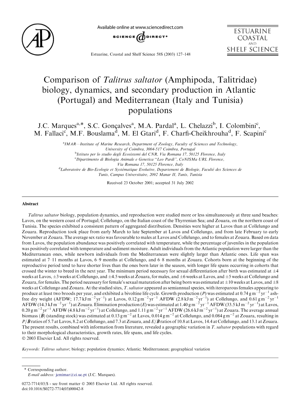 Comparison of Talitrus Saltator (Amphipoda, Talitridae) Biology