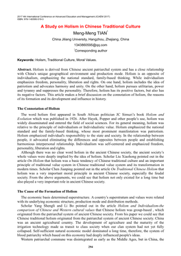 A Study on Holism in Chinese Traditional Culture Meng-Meng TIAN* China Jiliang University, Hangzhou, Zhejiang, China 1343860595@Qq.Com *Corresponding Author