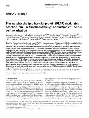 Plasma Phospholipid Transfer Protein (PLTP) Modulates Adaptive Immune Functions Through Alternation of T Helper Cell Polarization