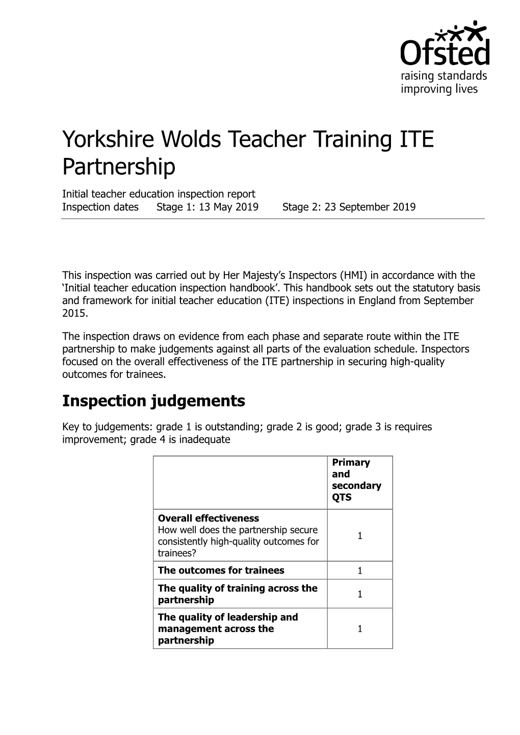Yorkshire Wolds Teacher Training ITE Partnership Initial Teacher Education Inspection Report Inspection Dates Stage 1: 13 May 2019 Stage 2: 23 September 2019