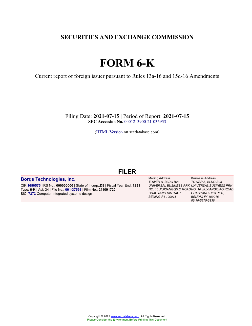 Borqs Technologies, Inc. Form 6-K Current Event Report Filed 2021-07-15