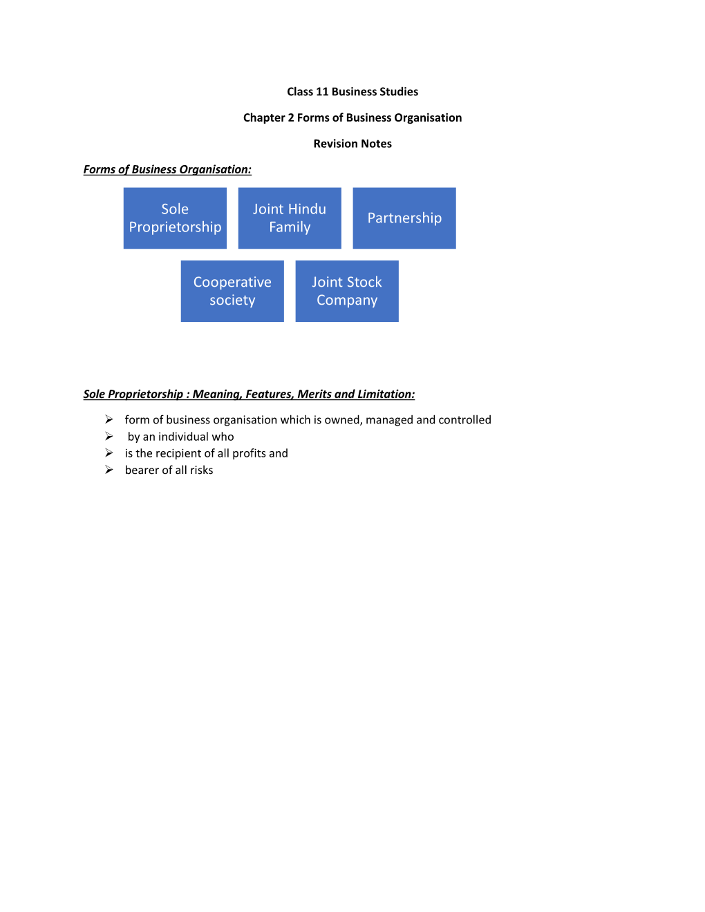 Sole Proprietorship Joint Hindu Family Partnership Cooperative Society