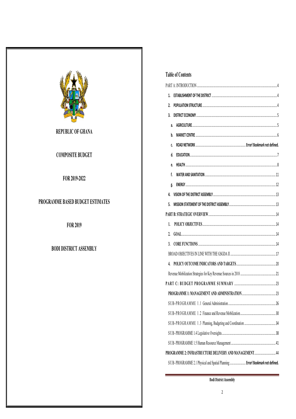 Bodi District Assembly Broad Objectives in Line with the Gsgda Ii