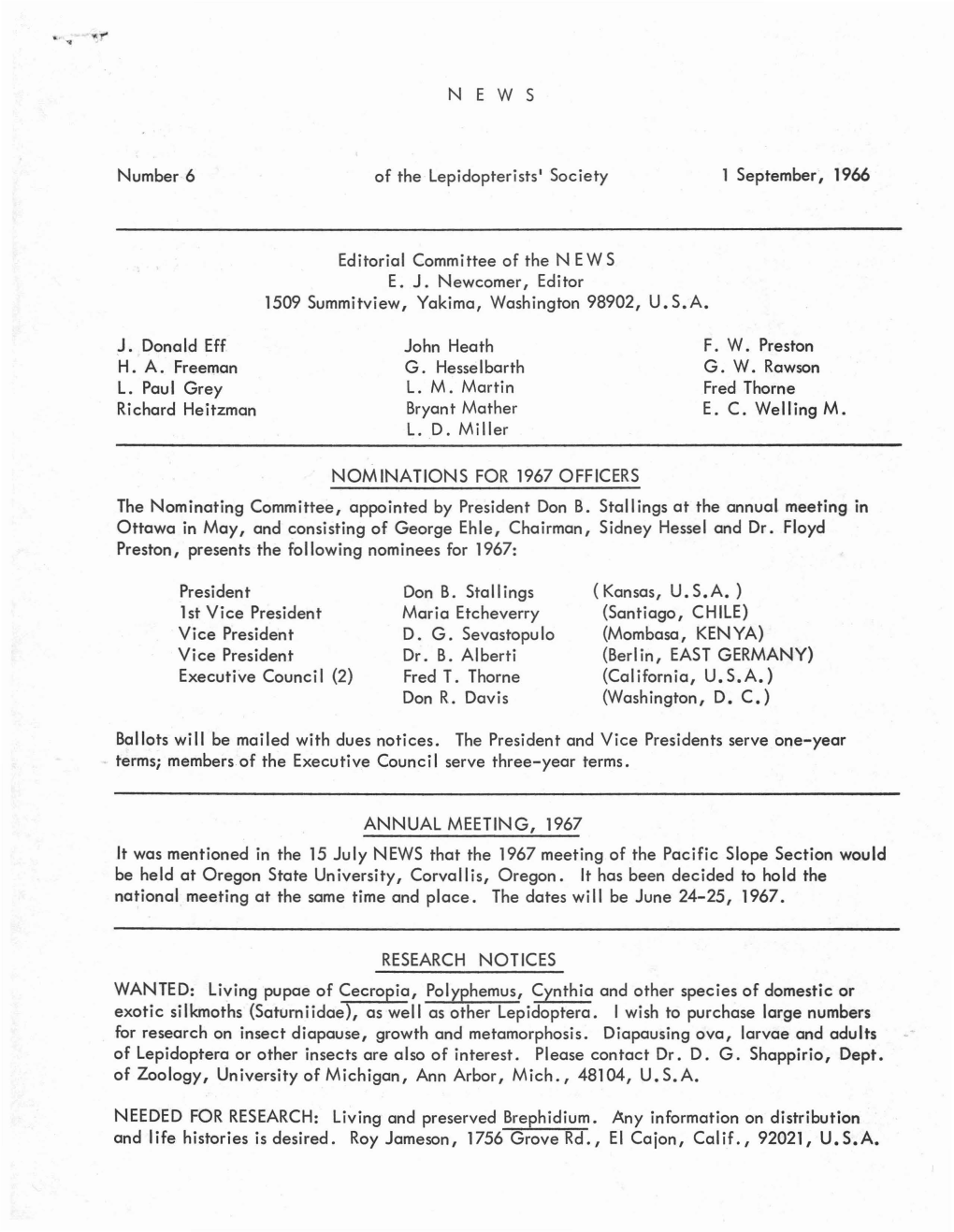 Number 6 NEW S of the Lepidopterists' Society Editorial Committee of The