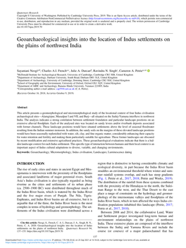 Geoarchaeological Insights Into the Location of Indus Settlements on the Plains of Northwest India