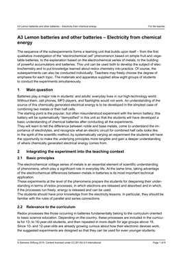 A3 Lemon Batteries and Other Batteries – Electricity from Chemical Energy for the Teacher