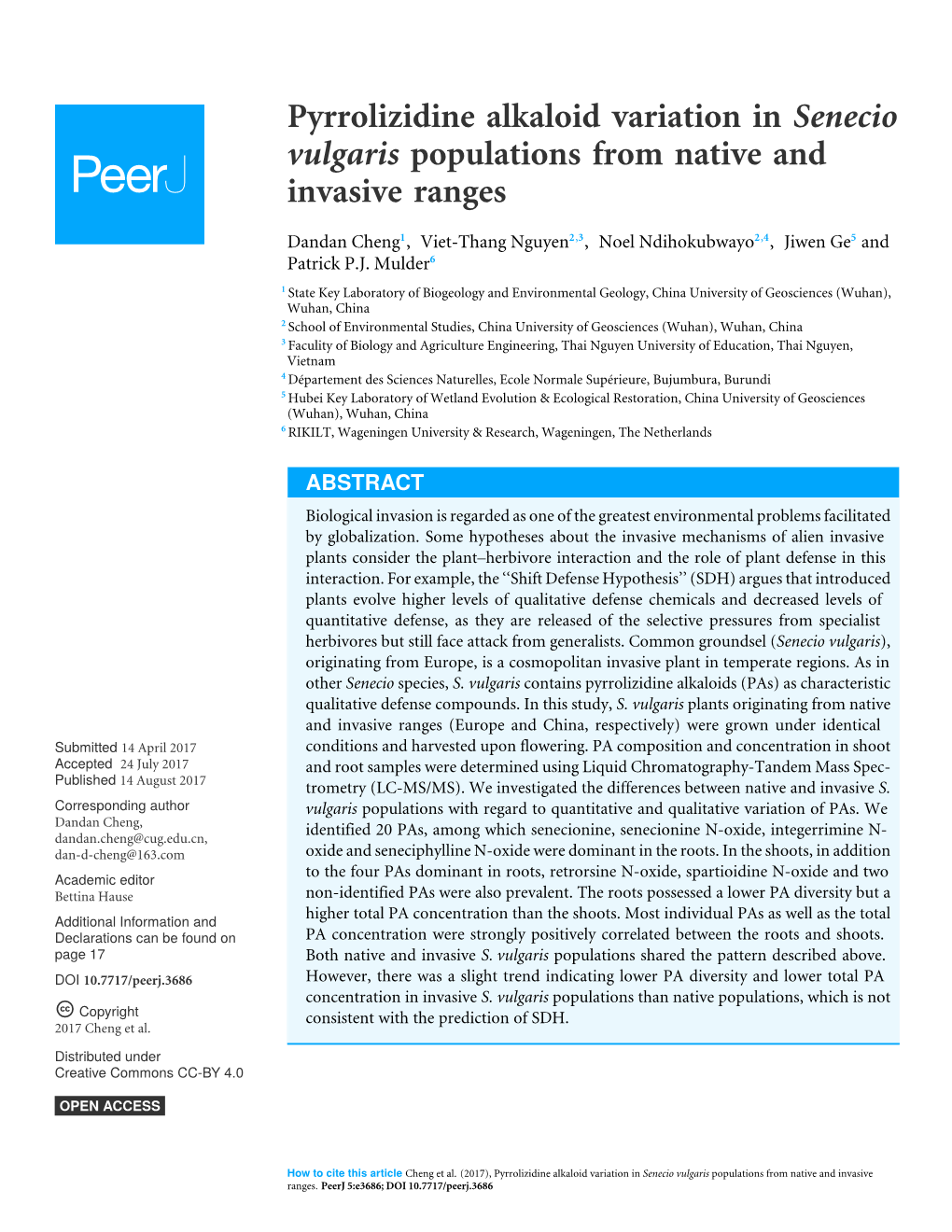 Pyrrolizidine Alkaloid Variation in Senecio Vulgaris Populations from Native and Invasive Ranges