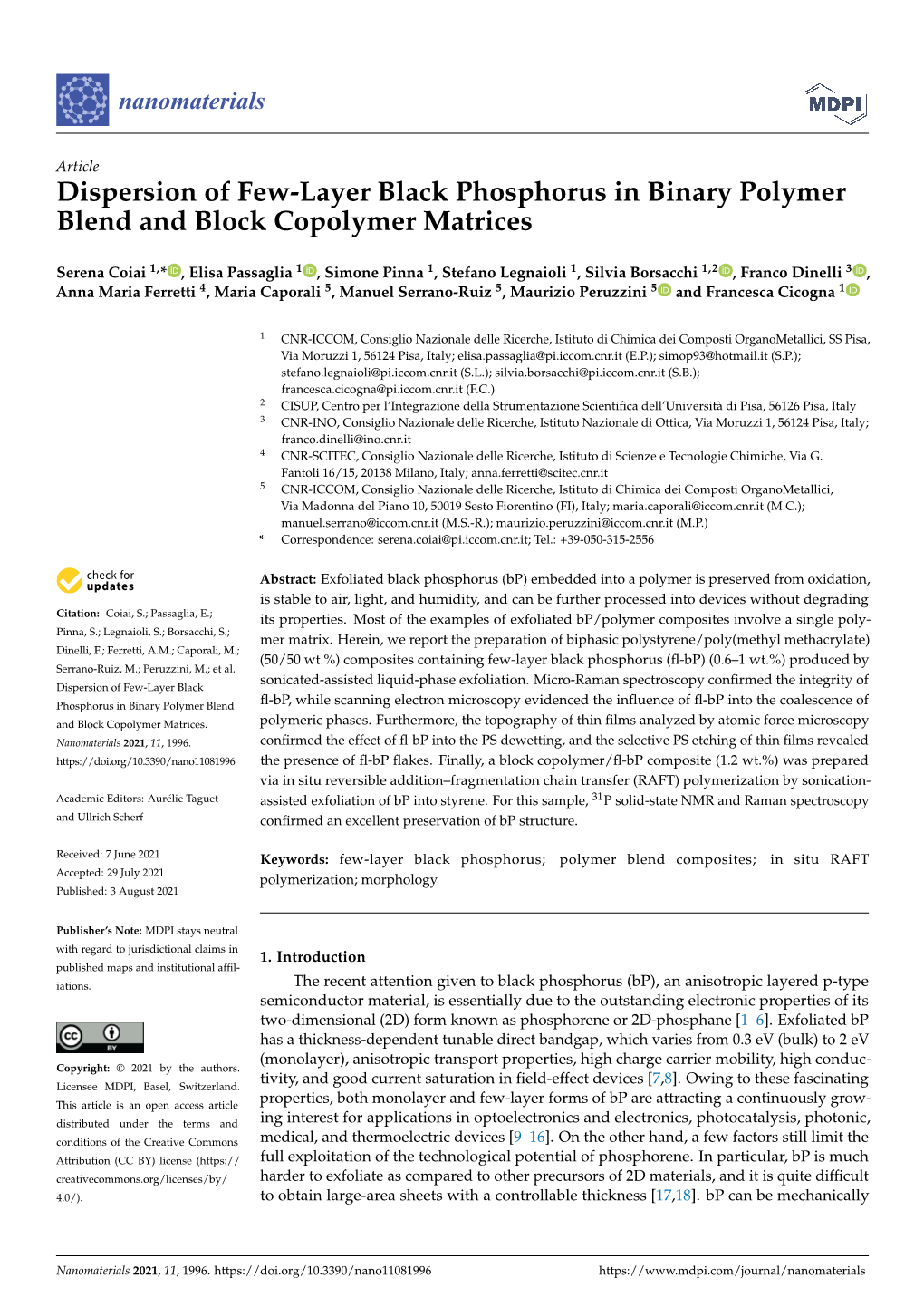 Dispersion of Few-Layer Black Phosphorus in Binary Polymer Blend and Block Copolymer Matrices