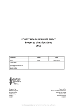 Sensitive Ecological Data May Has Been Removed from These Audit Reports Forest Heath: Wildlife Audit of Proposed Site Allocations: 2015