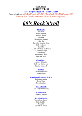 60'S Rock'n'roll, 60'S-70'S Blues/Soul, 60'S-70S Classics, 80'S Classics, 90'S Classics to Current Chart, & Most Requested