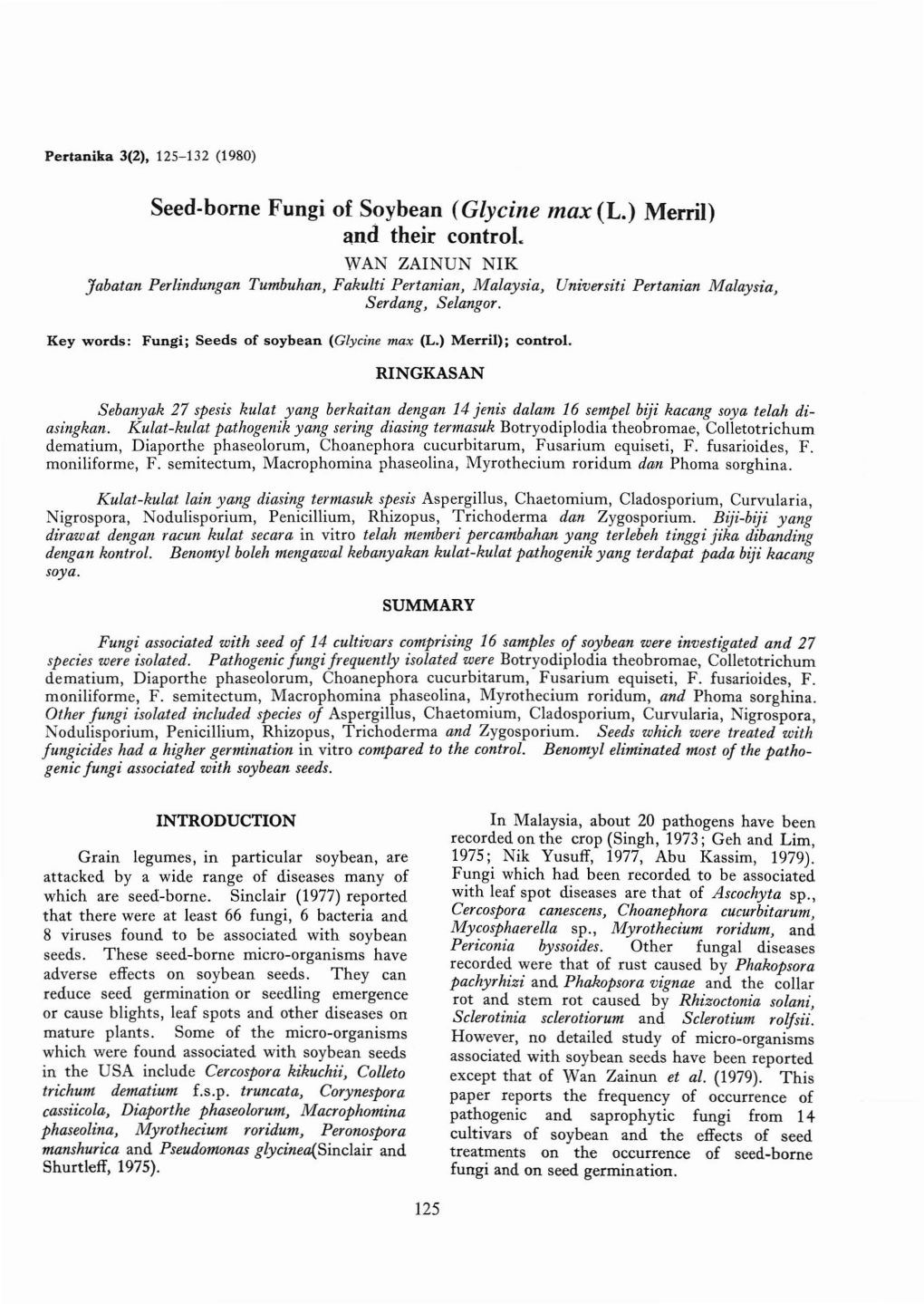 Seed-Borne Fungi of Soybean (Glycine Max (L.) Merril) and Their Control