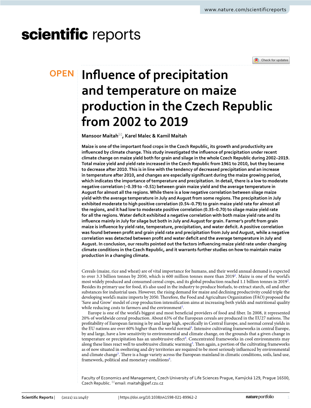 Influence of Precipitation and Temperature on Maize Production In