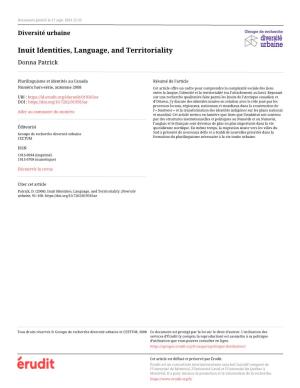 Inuit Identities, Language, and Territoriality Donna Patrick