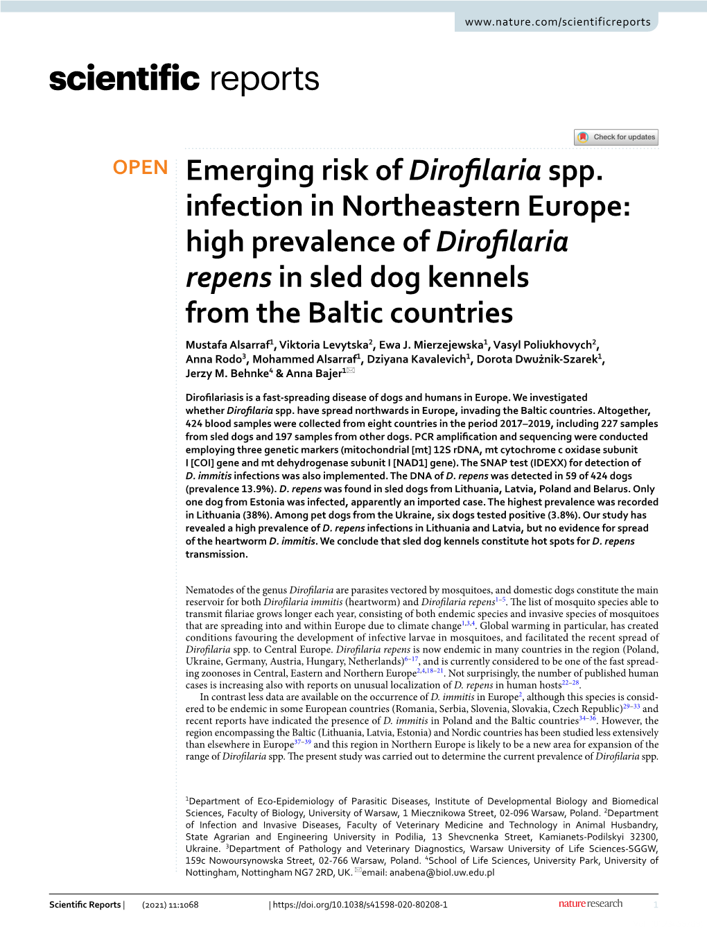 High Prevalence of Dirofilaria Repens in Sled Dog Kennels Fr