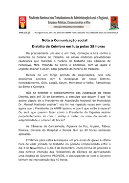 Nota À Comunicação Social Distrito De Coimbra Em Luta Pelas 35 Horas