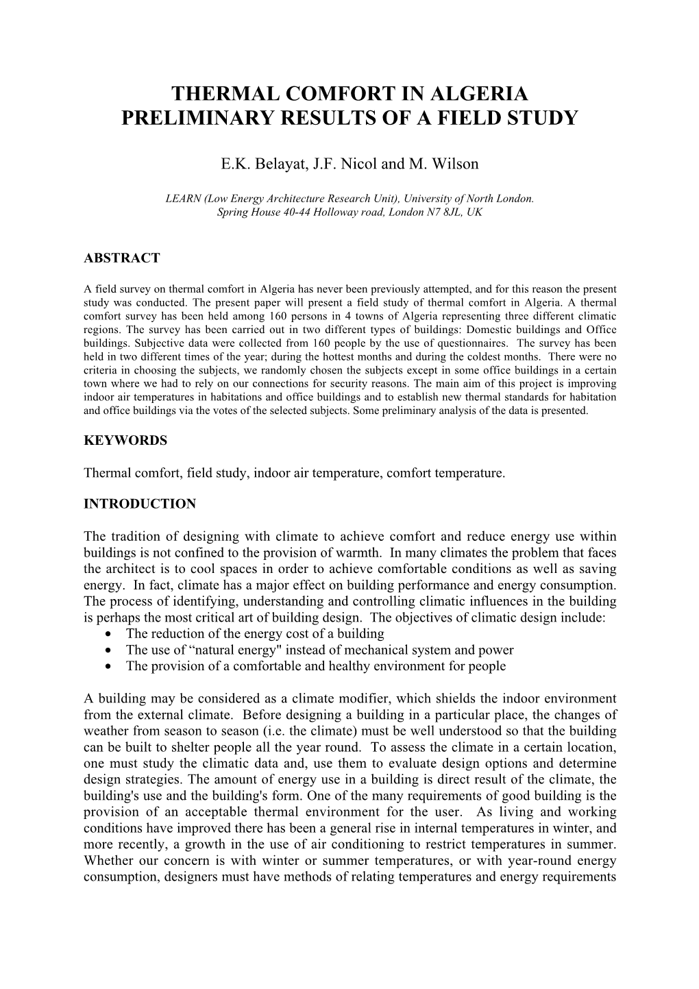 Thermal Comfort in Algeria Preliminary Results of a Field Study