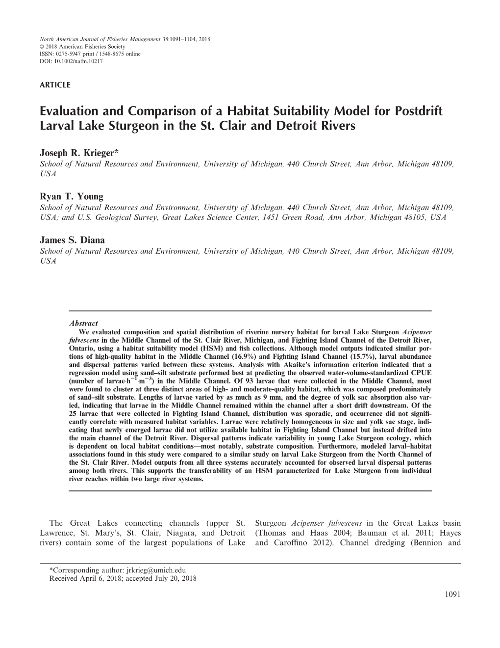 Evaluation and Comparison of a Habitat Suitability Model for Postdrift Larval Lake Sturgeon in the St