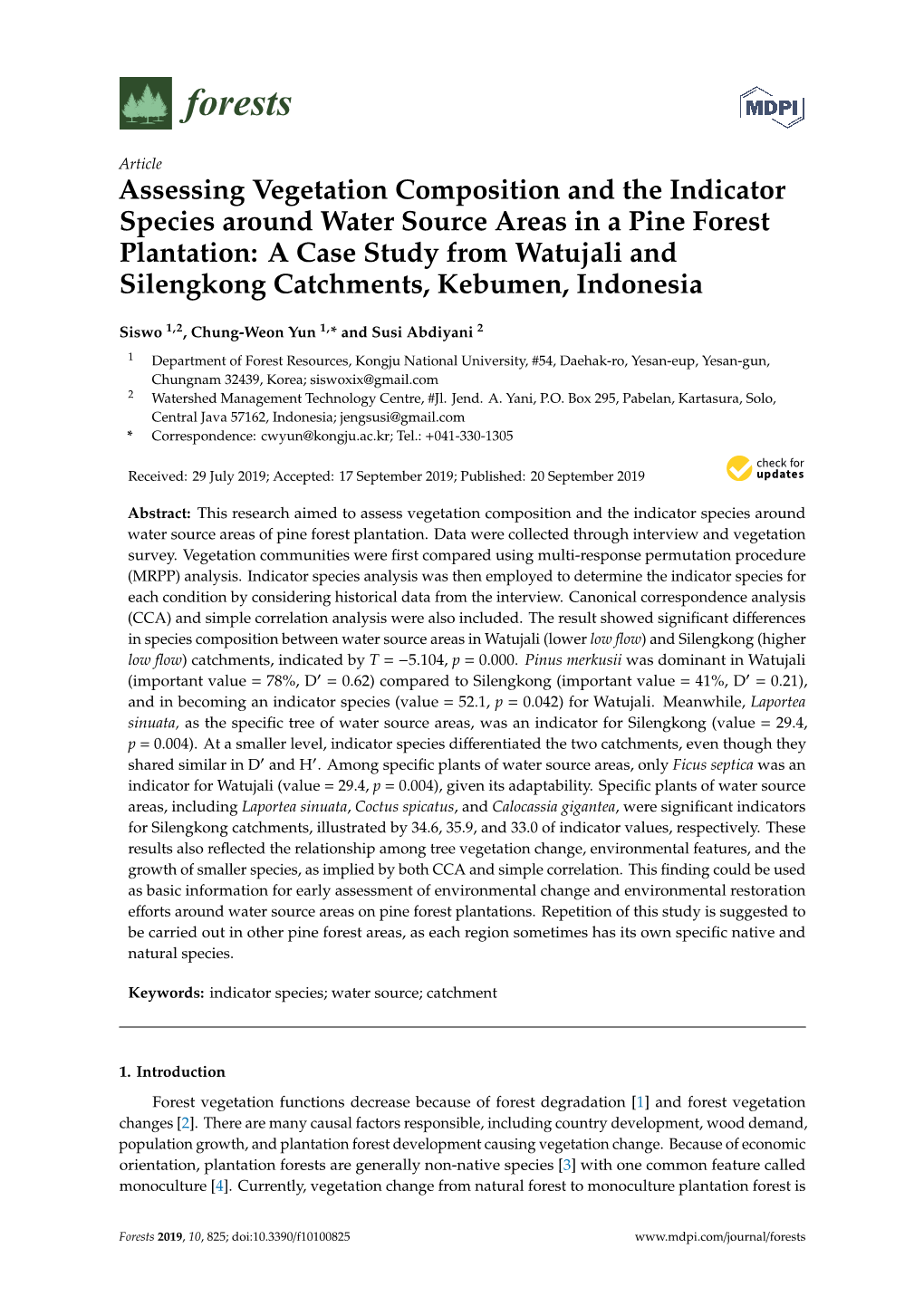 Assessing Vegetation Composition and the Indicator Species Around Water Source Areas in a Pine Forest Plantation