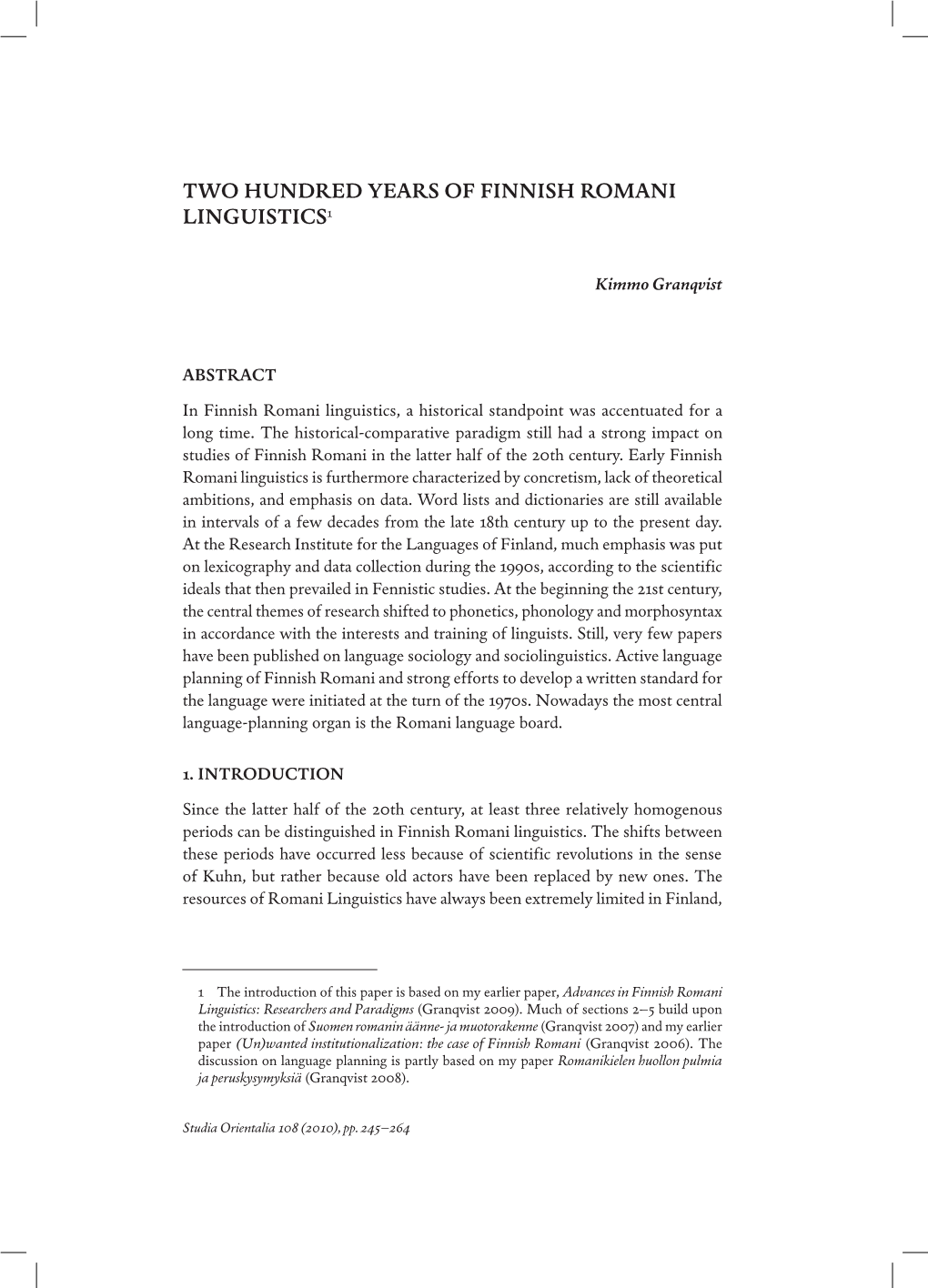 Two Hundred Years of Finnish Romani Linguistics1