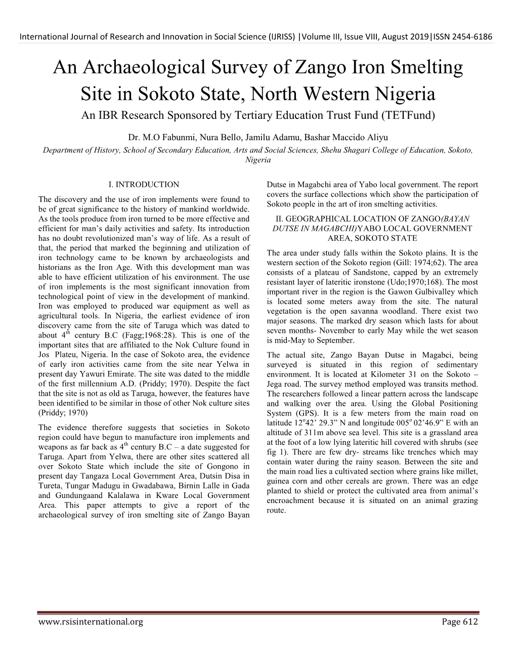 An Archaeological Survey of Zango Iron Smelting Site in Sokoto State, North Western Nigeria an IBR Research Sponsored by Tertiary Education Trust Fund (Tetfund)