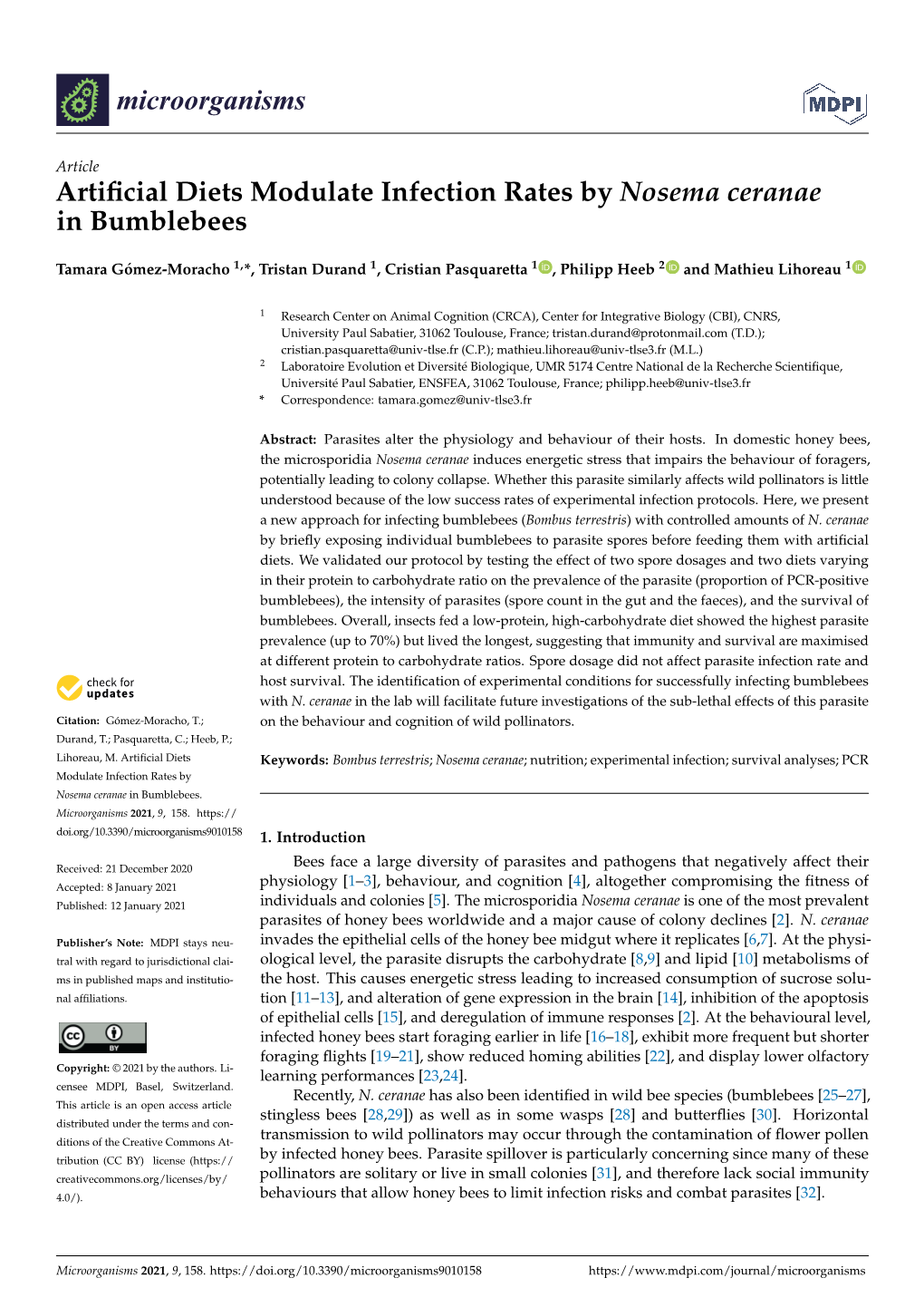 Artificial Diets Modulate Infection Rates by Nosema Ceranae In