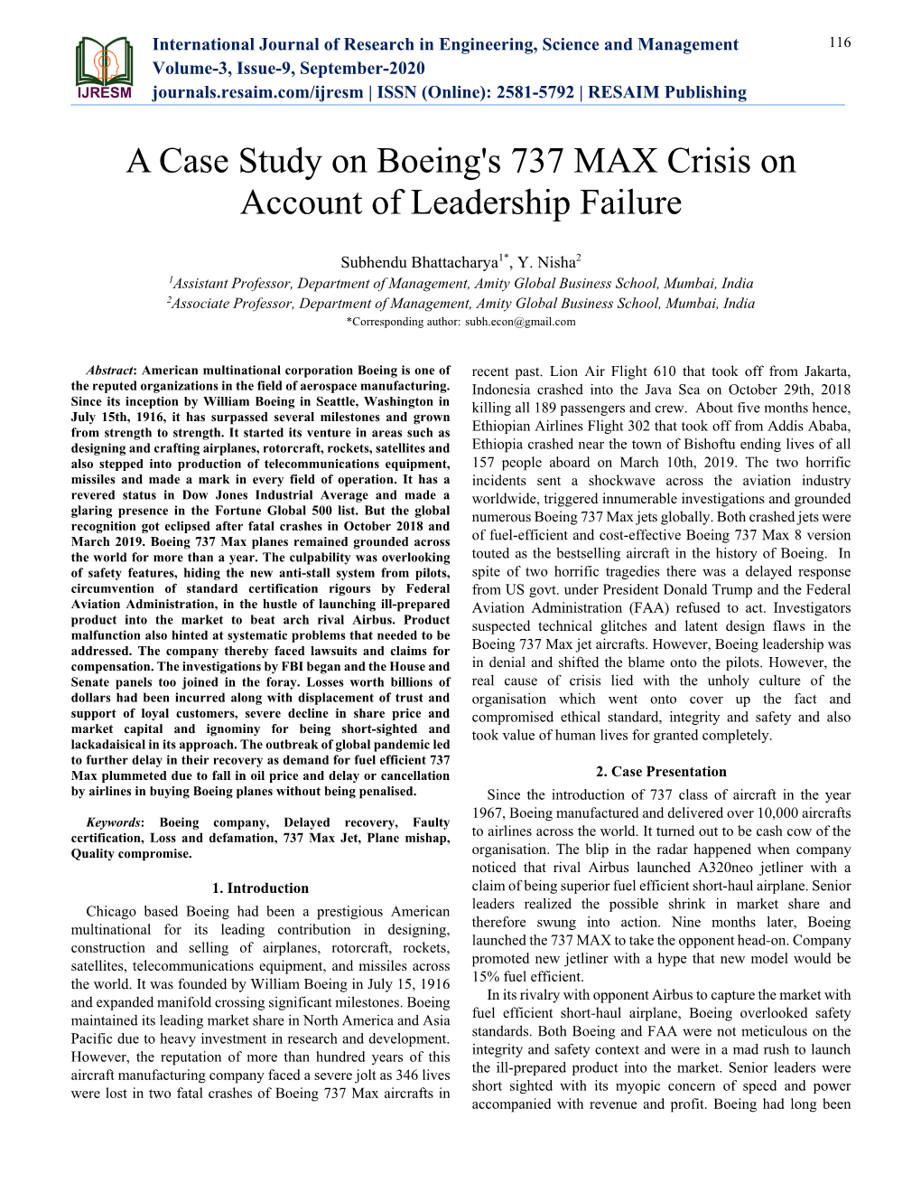 A Case Study on Boeing's 737 MAX Crisis on Account of Leadership Failure