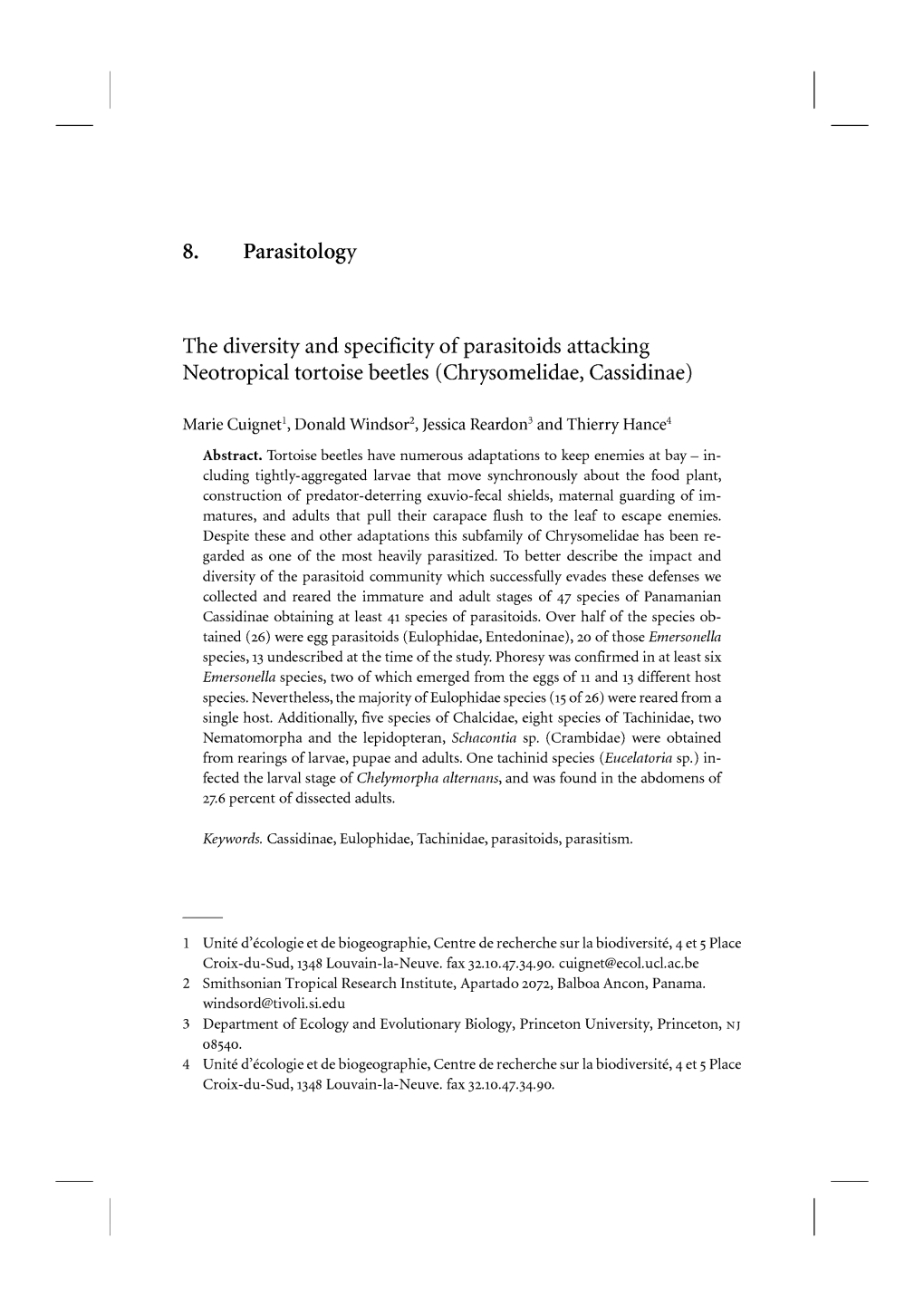 8. Parasitology the Diversity and Specificity of Parasitoids Attacking