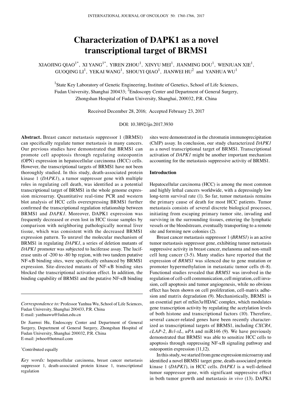 Characterization of DAPK1 As a Novel Transcriptional Target of BRMS1