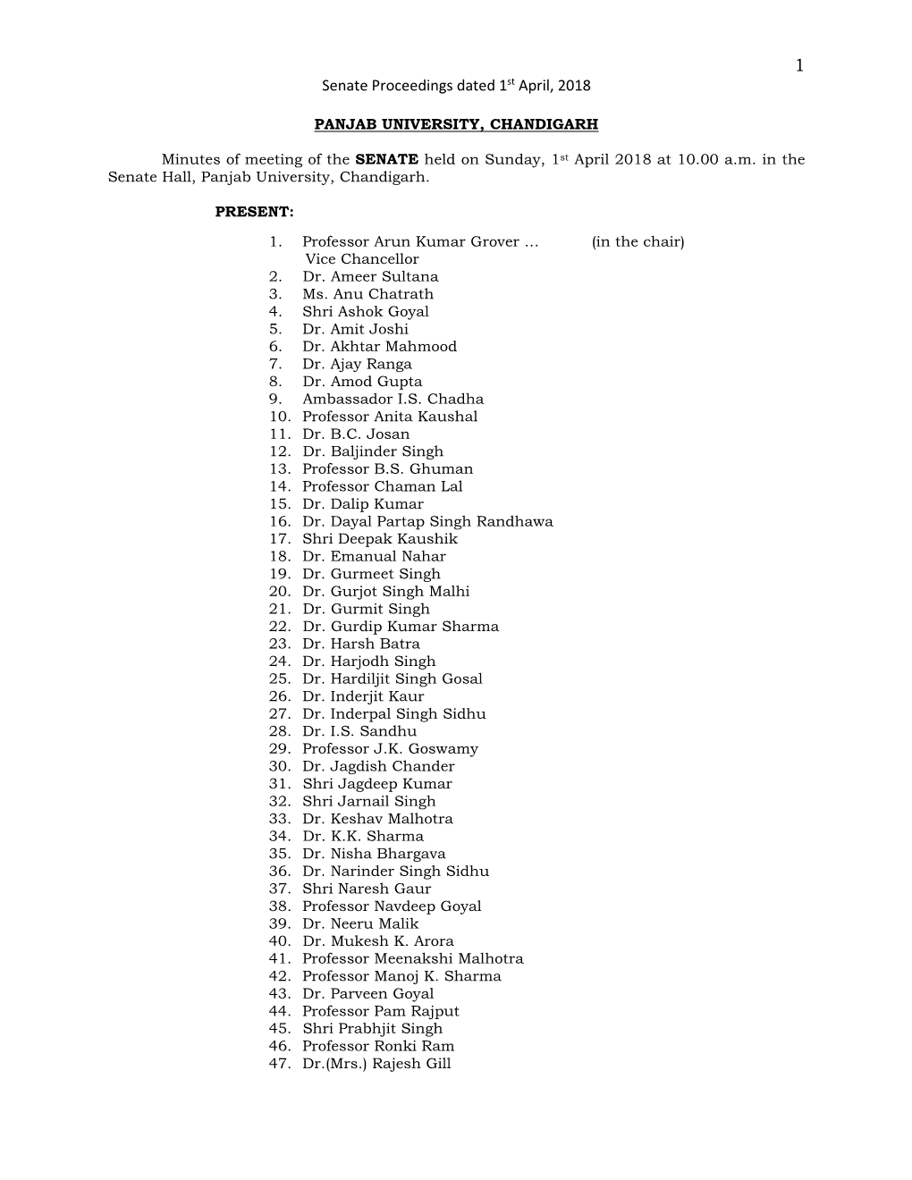 Senate Proceedings Dated 1St April, 2018