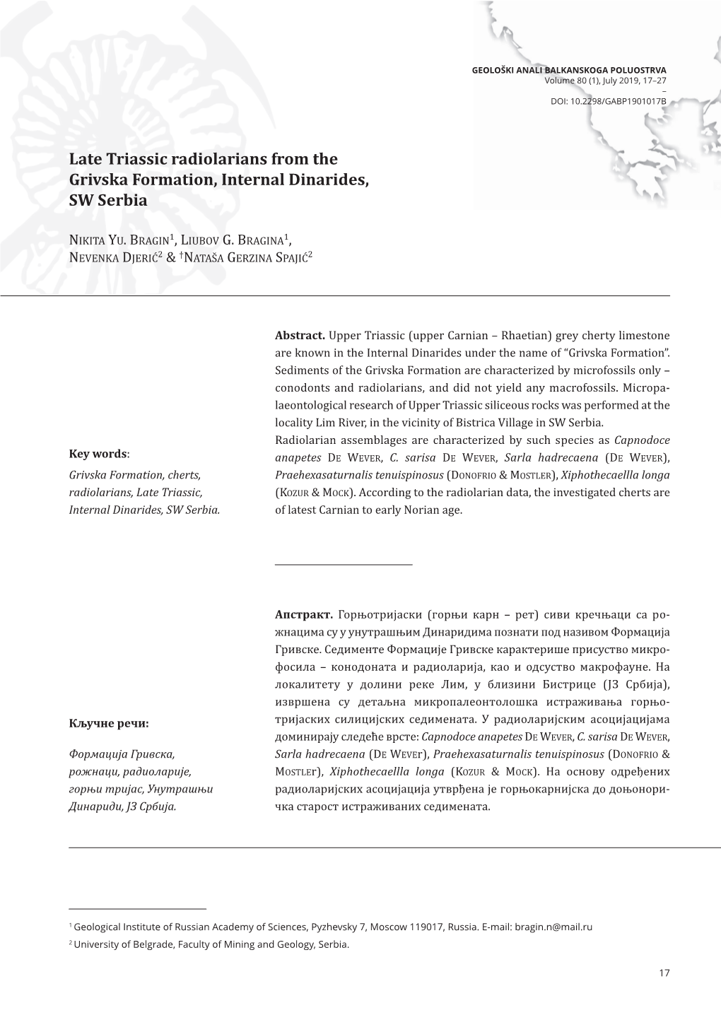 Late Triassic Radiolarians from the Grivska Formation, Internal Dinarides, SW Serbia