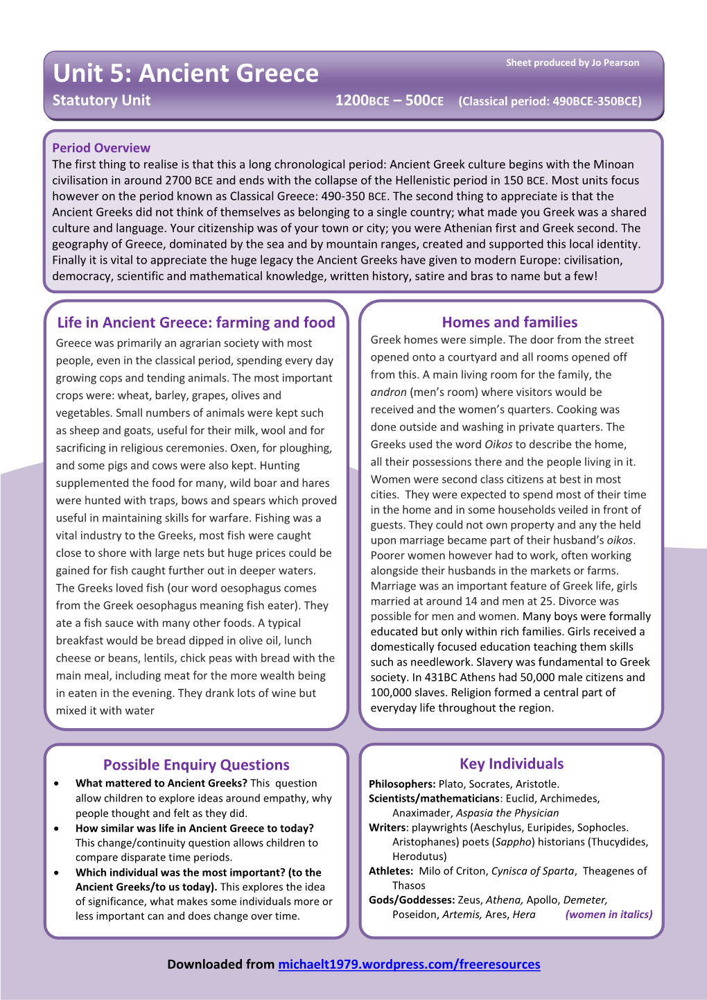 Ancient Greece Sheet Produced by Jo Pearson Statutory Unit 1200BCE – 500CE (Classical Period: 490BCE-350BCE)